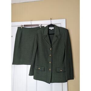 St John Collection by Marie Gray Green Knit Skirt Suit Set Size 12 Santana Knit